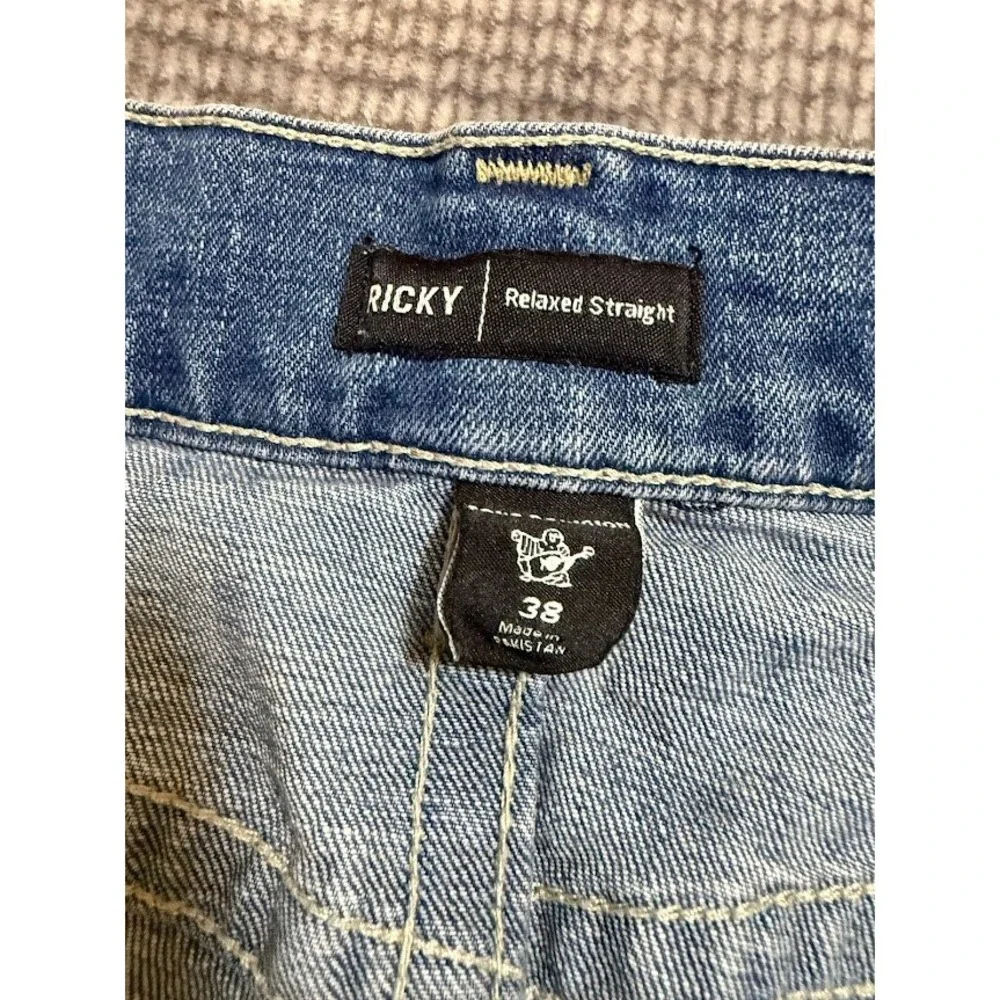 True Religion Ricky Relaxed Straight Denim Shorts Men 38X11 Blue Cut Off Raw Hem